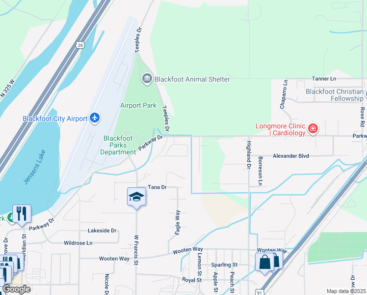 map of restaurants, bars, coffee shops, grocery stores, and more near 526-538 Gwen Loop in Blackfoot