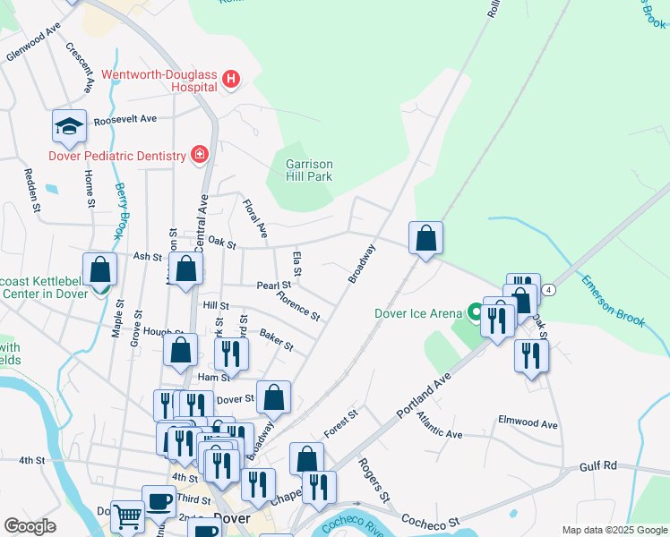 map of restaurants, bars, coffee shops, grocery stores, and more near 3 Rose Street in Dover