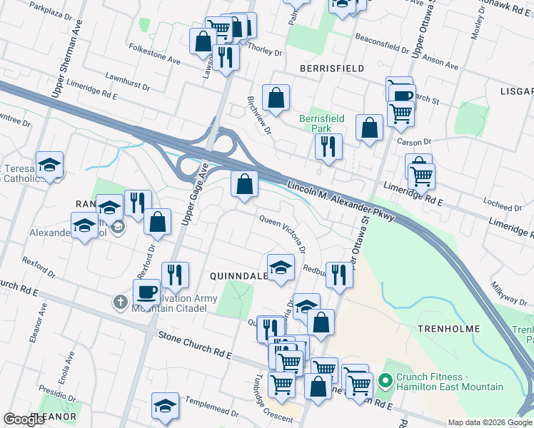 map of restaurants, bars, coffee shops, grocery stores, and more near 201 Queen Victoria Drive in Hamilton
