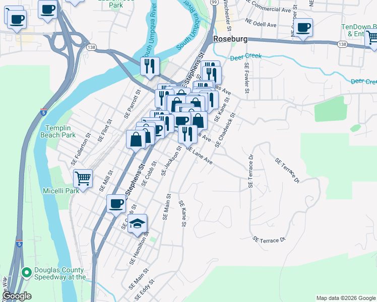 map of restaurants, bars, coffee shops, grocery stores, and more near 841 Southeast Main Street in Roseburg