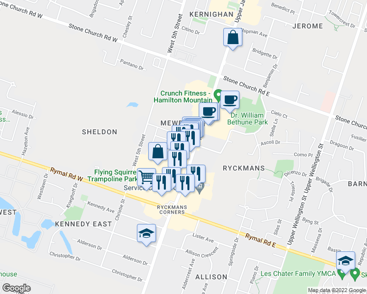 map of restaurants, bars, coffee shops, grocery stores, and more near 1508 Upper James Street in Hamilton