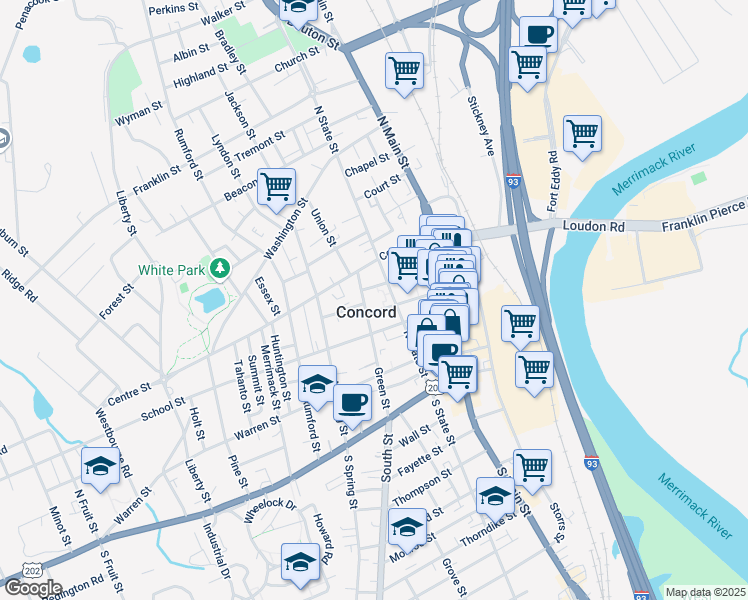 map of restaurants, bars, coffee shops, grocery stores, and more near 33 North State Street in Concord