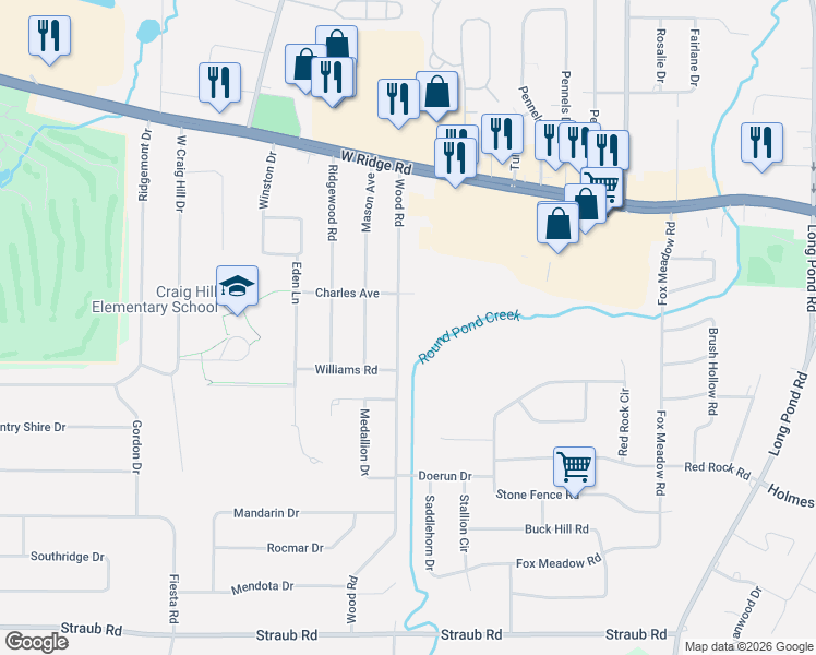 map of restaurants, bars, coffee shops, grocery stores, and more near 248 Wood Road in Rochester