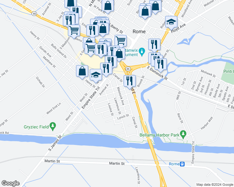 map of restaurants, bars, coffee shops, grocery stores, and more near 301 Depeyster Street in Rome