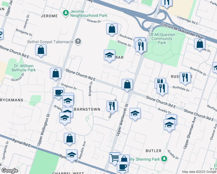 map of restaurants, bars, coffee shops, grocery stores, and more near 404 Stone Church Road East in Hamilton