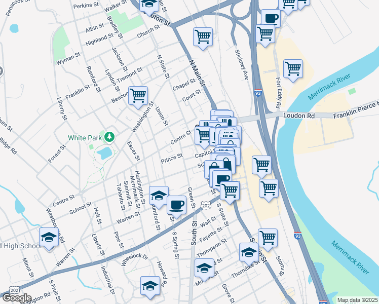 map of restaurants, bars, coffee shops, grocery stores, and more near 33 North State Street in Concord
