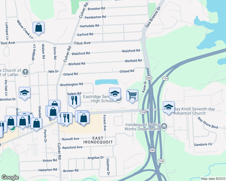 map of restaurants, bars, coffee shops, grocery stores, and more near 2350 East Ridge Road in Rochester