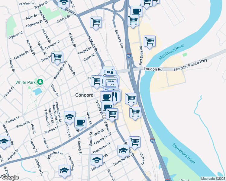 map of restaurants, bars, coffee shops, grocery stores, and more near 1 Capitol Street in Concord