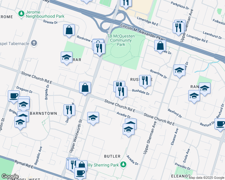 map of restaurants, bars, coffee shops, grocery stores, and more near 525 Stone Church Road East in Hamilton