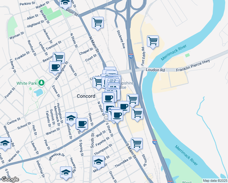 map of restaurants, bars, coffee shops, grocery stores, and more near 90 North Main Street in Concord