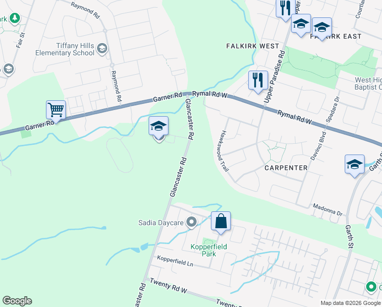 map of restaurants, bars, coffee shops, grocery stores, and more near 127 Glancaster Road in Hamilton