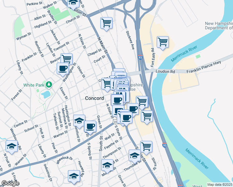 map of restaurants, bars, coffee shops, grocery stores, and more near 1 Capitol Street in Concord