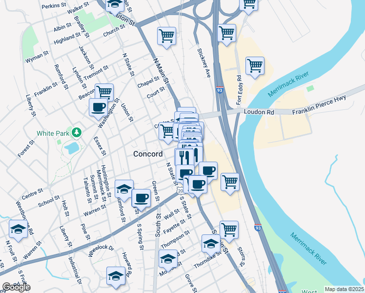 map of restaurants, bars, coffee shops, grocery stores, and more near 1 Capitol Street in Concord