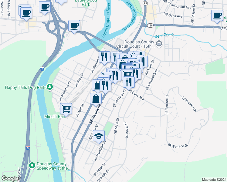 map of restaurants, bars, coffee shops, grocery stores, and more near 849 Southeast Mosher Avenue in Roseburg