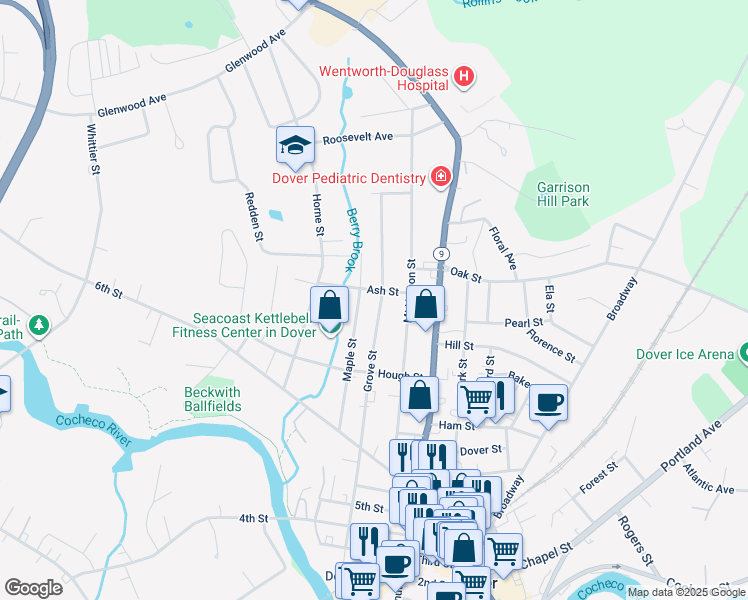 map of restaurants, bars, coffee shops, grocery stores, and more near 98 Grove Street in Dover