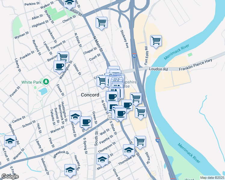 map of restaurants, bars, coffee shops, grocery stores, and more near 97 North Main Street in Concord