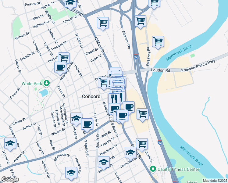 map of restaurants, bars, coffee shops, grocery stores, and more near 97 North Main Street in Concord