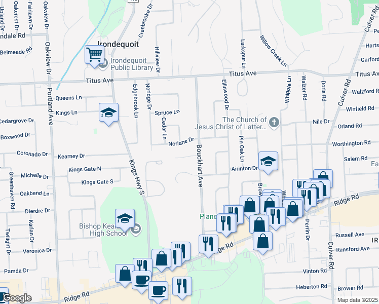 map of restaurants, bars, coffee shops, grocery stores, and more near 9 Galwood Drive in Rochester