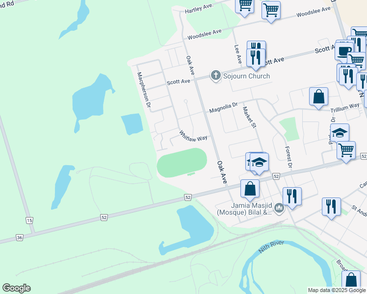 map of restaurants, bars, coffee shops, grocery stores, and more near 50 Whitlaw Way in Brant