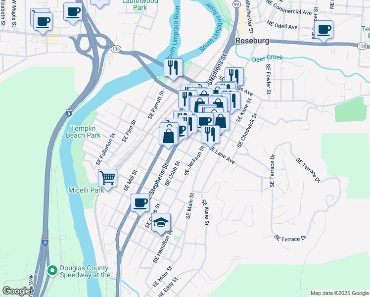 map of restaurants, bars, coffee shops, grocery stores, and more near 860 Southeast Rose Street in Roseburg