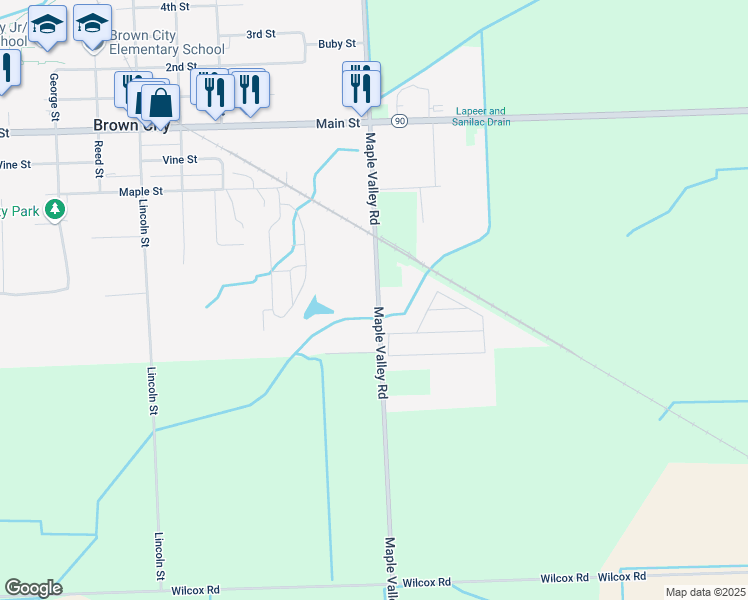 map of restaurants, bars, coffee shops, grocery stores, and more near 7140 Maple Valley Road in Brown City