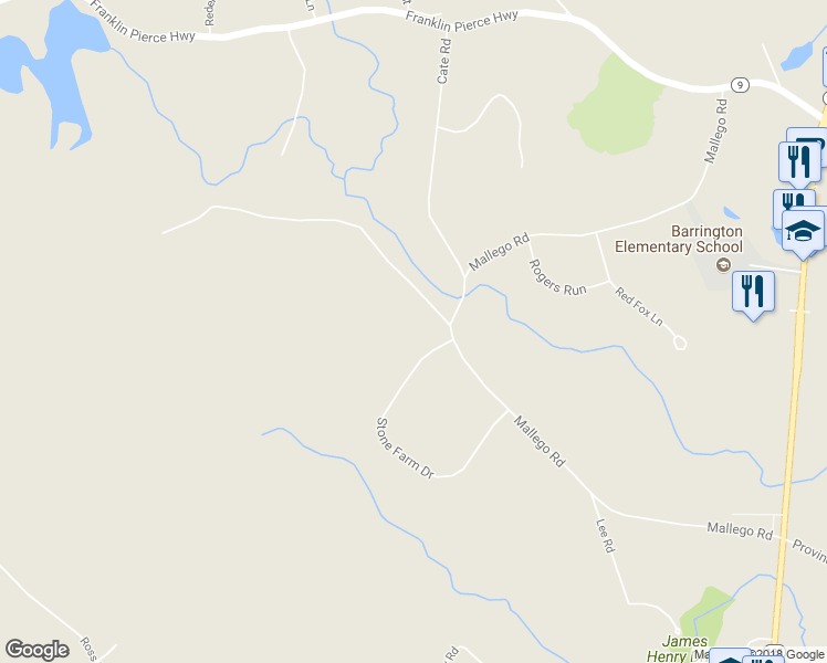 map of restaurants, bars, coffee shops, grocery stores, and more near 8 Stone Farm Road in Barrington
