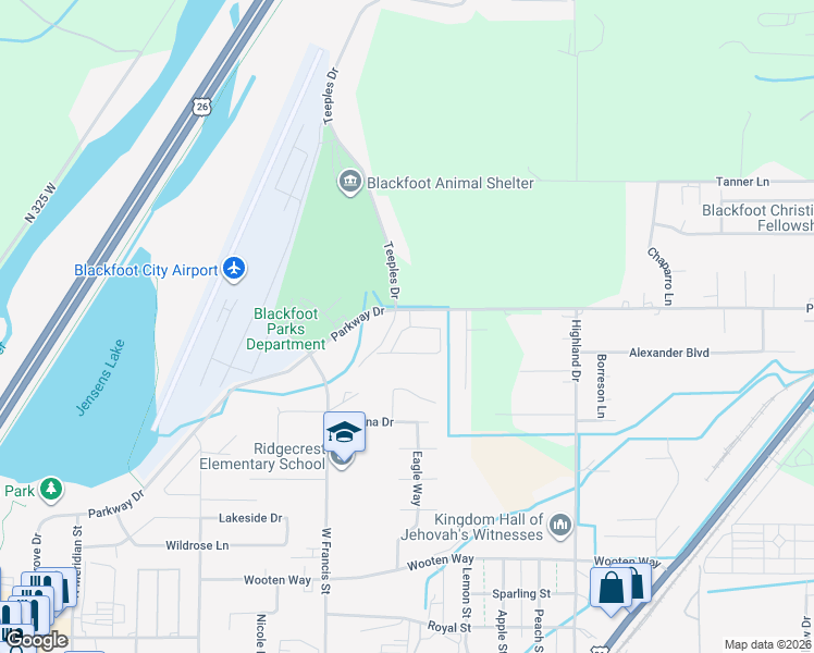 map of restaurants, bars, coffee shops, grocery stores, and more near 462 Gwen Loop in Blackfoot