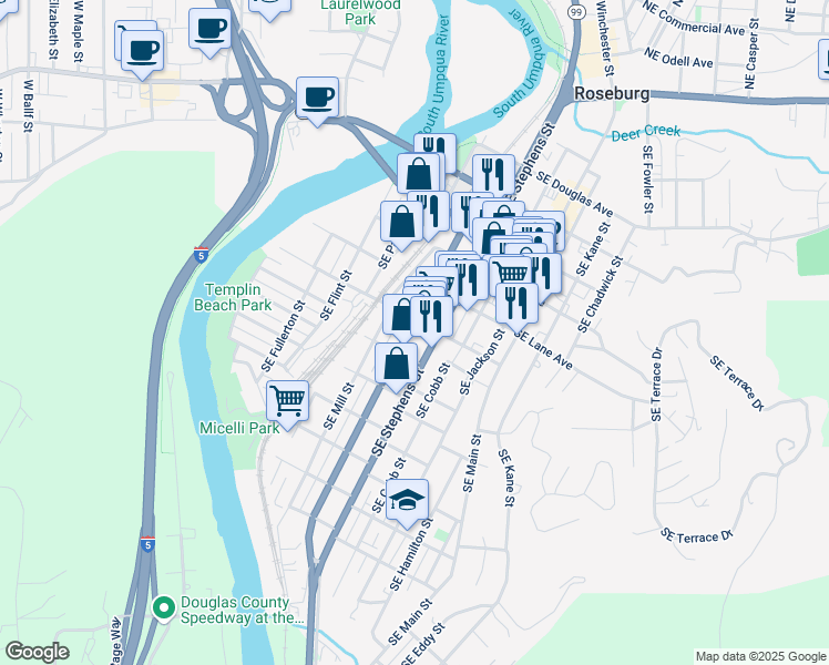 map of restaurants, bars, coffee shops, grocery stores, and more near 863 Southeast Sheridan Street in Roseburg