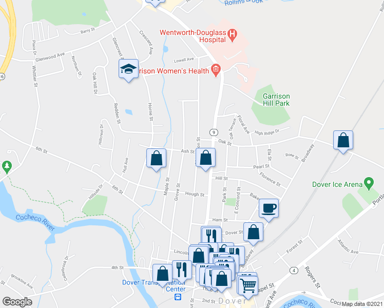 map of restaurants, bars, coffee shops, grocery stores, and more near 87 Mount Vernon Street in Dover