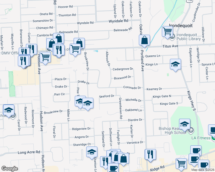 map of restaurants, bars, coffee shops, grocery stores, and more near 43 Allwood Drive in Rochester