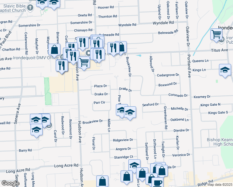 map of restaurants, bars, coffee shops, grocery stores, and more near 222 Drake Drive in Irondequoit