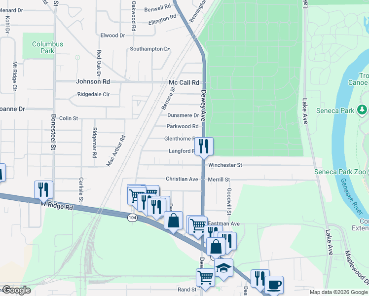 map of restaurants, bars, coffee shops, grocery stores, and more near 40 Glenthorne Road in Rochester