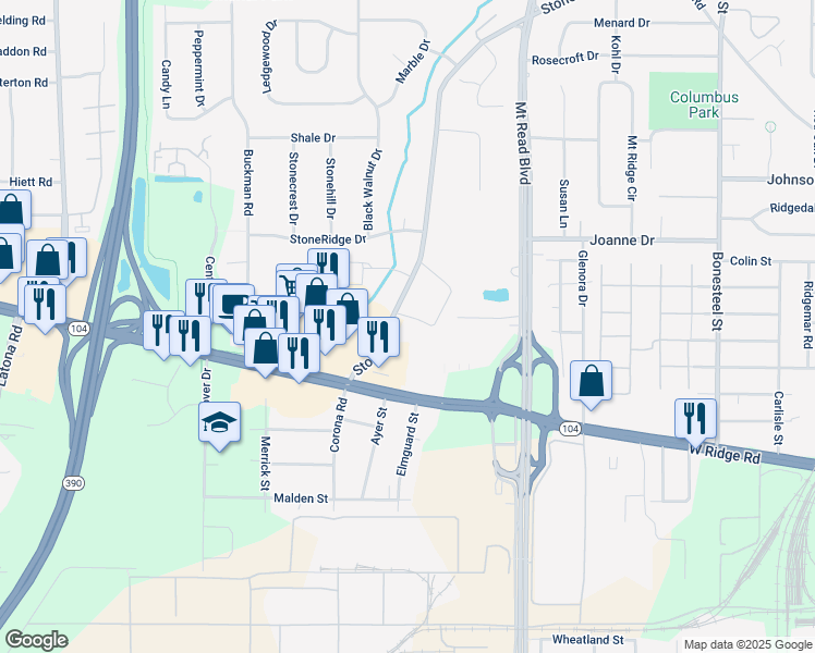 map of restaurants, bars, coffee shops, grocery stores, and more near 1785 Stone Road in Rochester