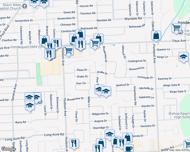 map of restaurants, bars, coffee shops, grocery stores, and more near 222 Drake Drive in Irondequoit