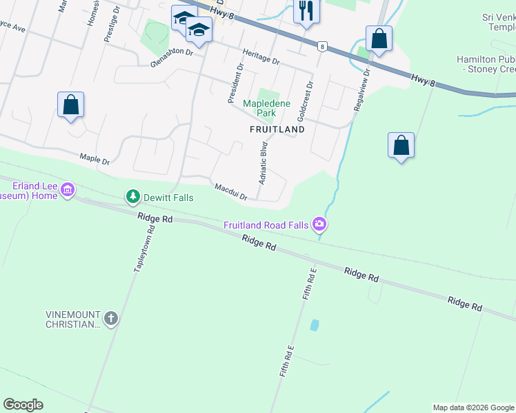 map of restaurants, bars, coffee shops, grocery stores, and more near 77 Adriatic Boulevard in Hamilton
