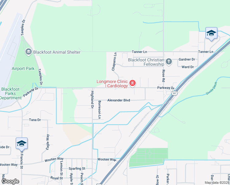 map of restaurants, bars, coffee shops, grocery stores, and more near 1239 East Airport Road in Blackfoot