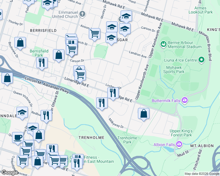 map of restaurants, bars, coffee shops, grocery stores, and more near 139 Locheed Drive in Hamilton