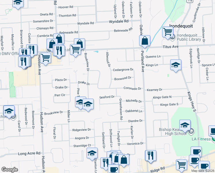 map of restaurants, bars, coffee shops, grocery stores, and more near 43 Allwood Drive in Rochester