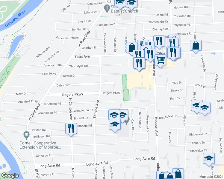 map of restaurants, bars, coffee shops, grocery stores, and more near 338 Rogers Parkway in Rochester