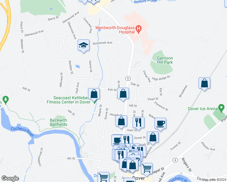 map of restaurants, bars, coffee shops, grocery stores, and more near 22 Ash Street in Dover