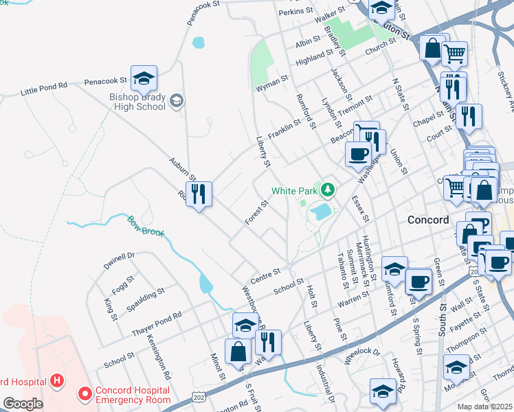 map of restaurants, bars, coffee shops, grocery stores, and more near 14 Valley Street in Concord