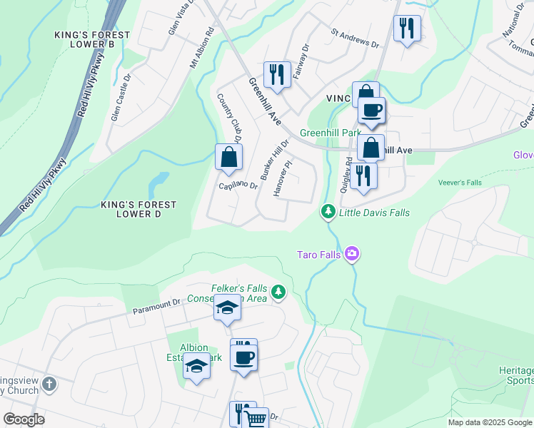 map of restaurants, bars, coffee shops, grocery stores, and more near 111 Bunker Hill Drive in Hamilton