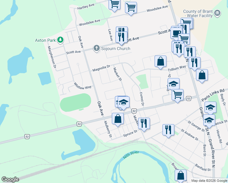 map of restaurants, bars, coffee shops, grocery stores, and more near 12 McCammon Street in Brant