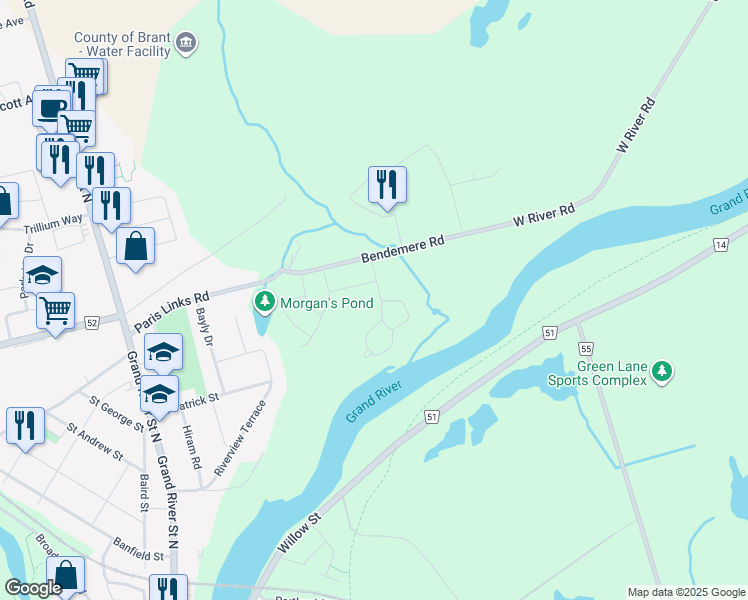 map of restaurants, bars, coffee shops, grocery stores, and more near 141-147 Paris Links Road in Brant
