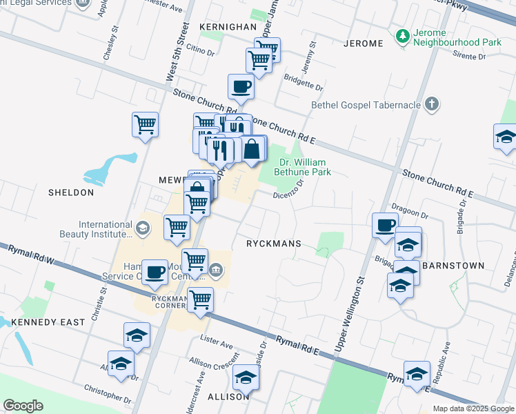 map of restaurants, bars, coffee shops, grocery stores, and more near Genoa Drive in Hamilton