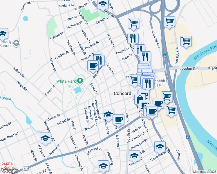 map of restaurants, bars, coffee shops, grocery stores, and more near 75 North Spring Street in Concord
