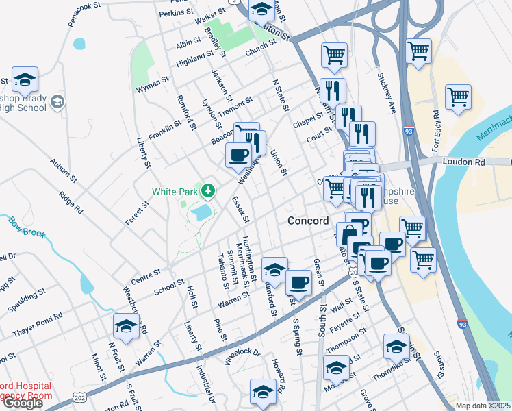 map of restaurants, bars, coffee shops, grocery stores, and more near 75 North Spring Street in Concord