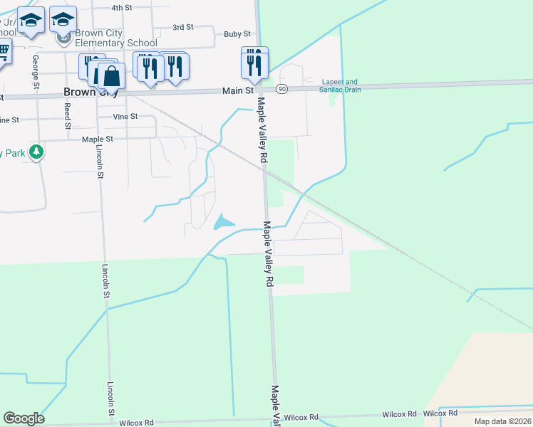 map of restaurants, bars, coffee shops, grocery stores, and more near 7185 Maple Valley Road in Brown City