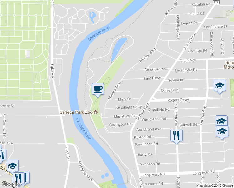 map of restaurants, bars, coffee shops, grocery stores, and more near 7 Kohlwood Drive in Rochester