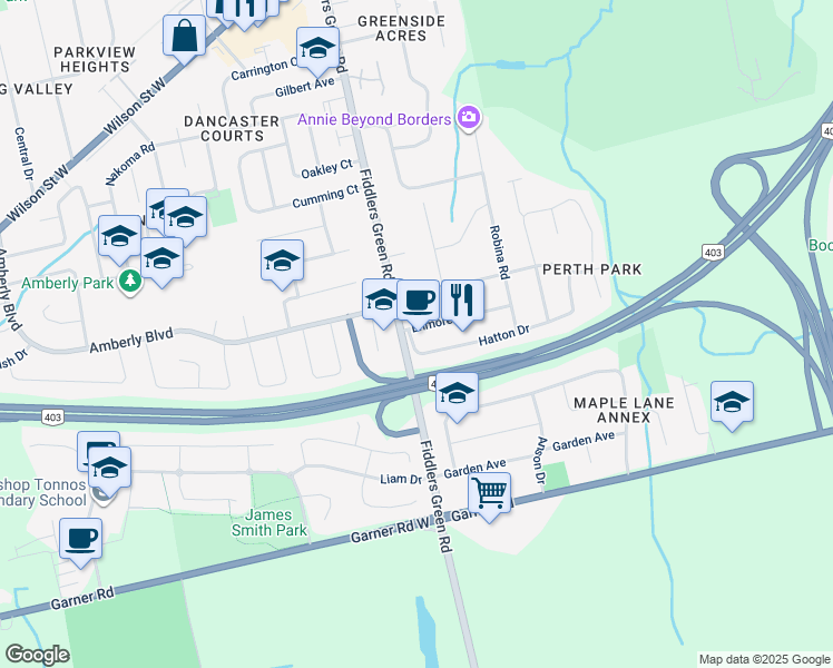 map of restaurants, bars, coffee shops, grocery stores, and more near 13 Hatton Drive in Hamilton
